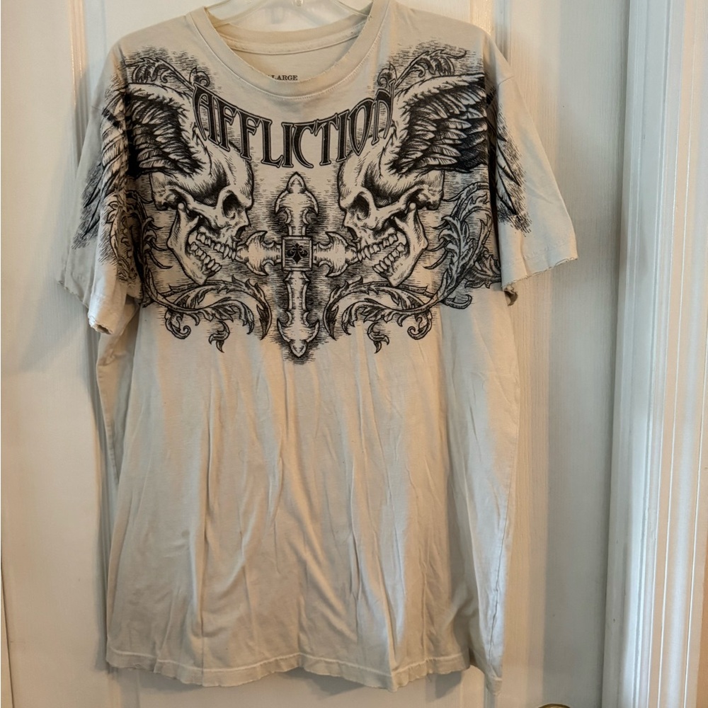 Affliction Cream Short Sleeve Tee with Ornate Graphic